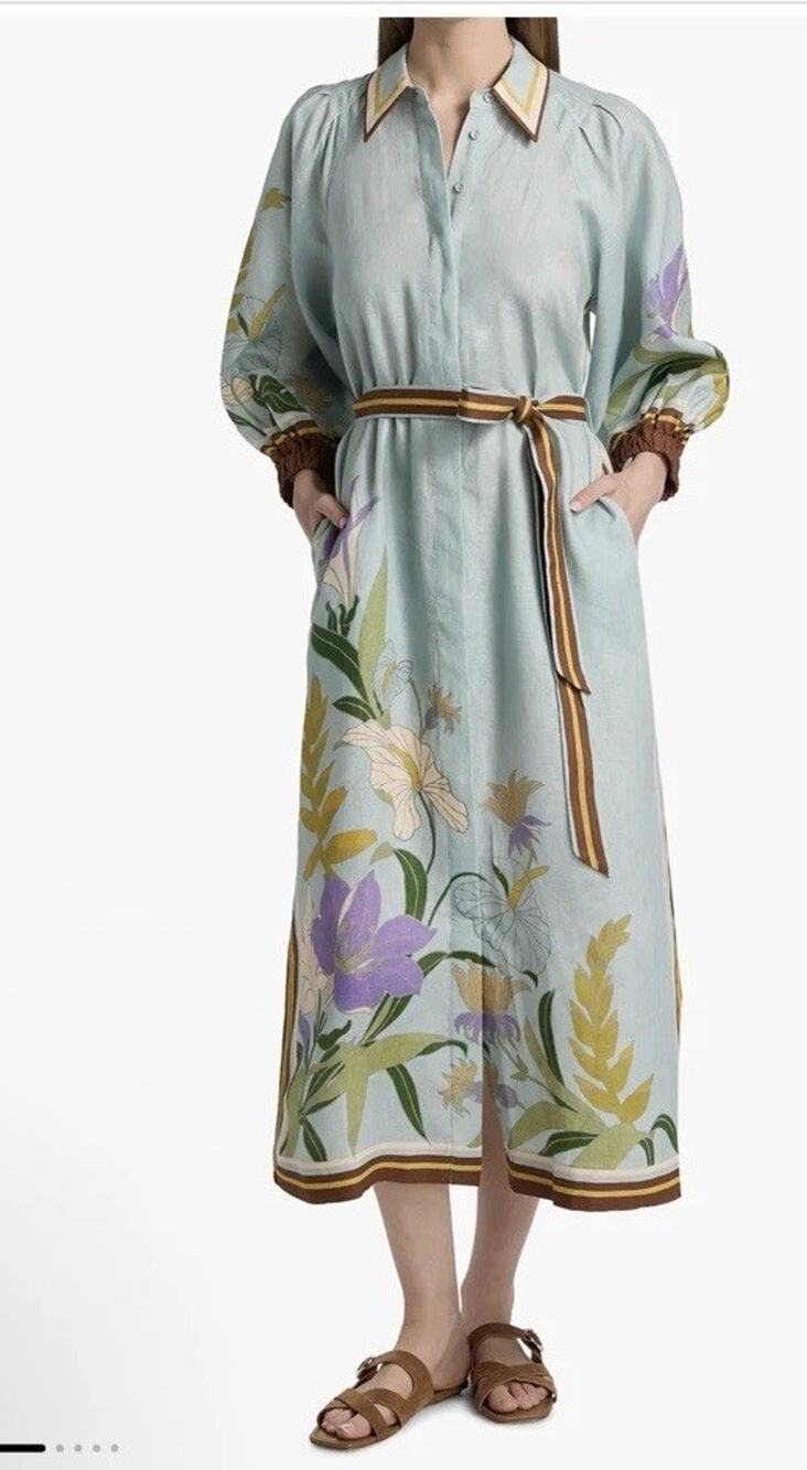 Alémais Alfie Linen Midi-Shirtdress Balloon Sleeves Floral Sz 2 NWT $690